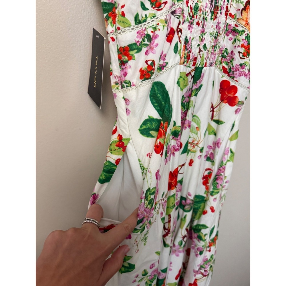 Taylor Women Floral Cherry Print Midi Dress White Red Sweetheart Neck Pockets - Picture 6 of 16